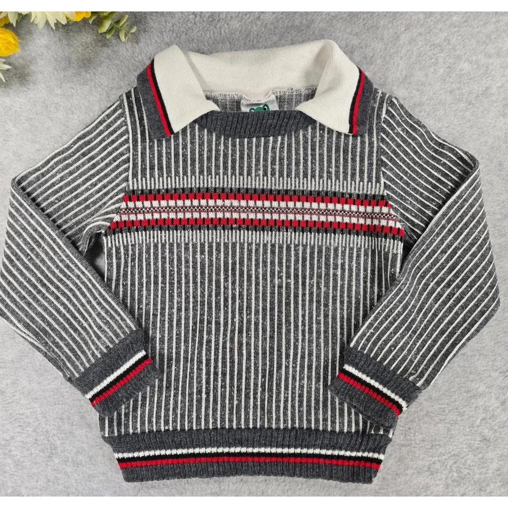 Vintage Bull Frog Knits Size 4T Acrylic Gray Stripe Polo‎ Sweater Made USA